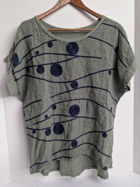 Made in Italy Linen Top Womens Large Abstract Dot Pattern Green Boxy Art T-Shirt
